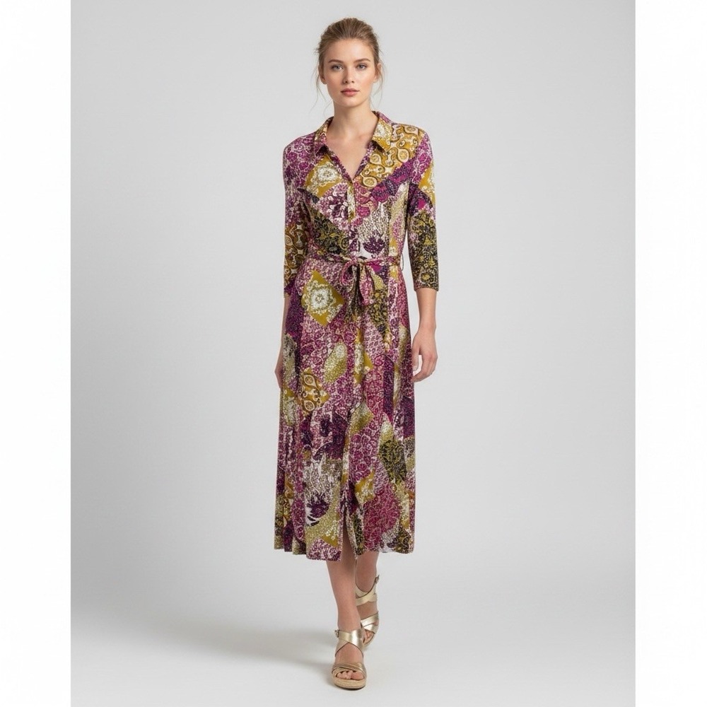 Susan Graver Patchwork Fluid Liquid Knit Maxi Shirt Button Front Dress 2X Pink